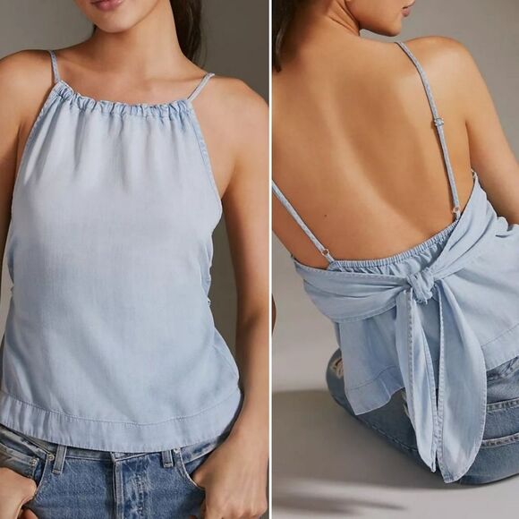 Anthropologie Cloth & Stone Light Denim Blue Bow Back Halter Top Medium - Picture 1 of 15